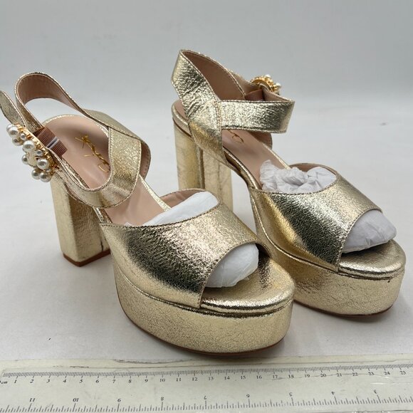 XYD Light Gold Open Toe Chunky Heel Platform Pearl Buckle Ankle Strap Sandals - Picture 4 of 8